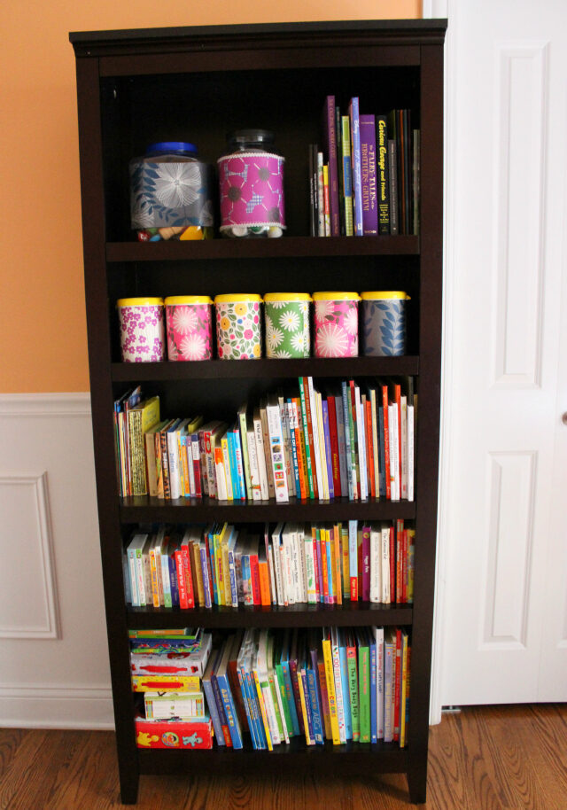 Organized bookshelf in playroom