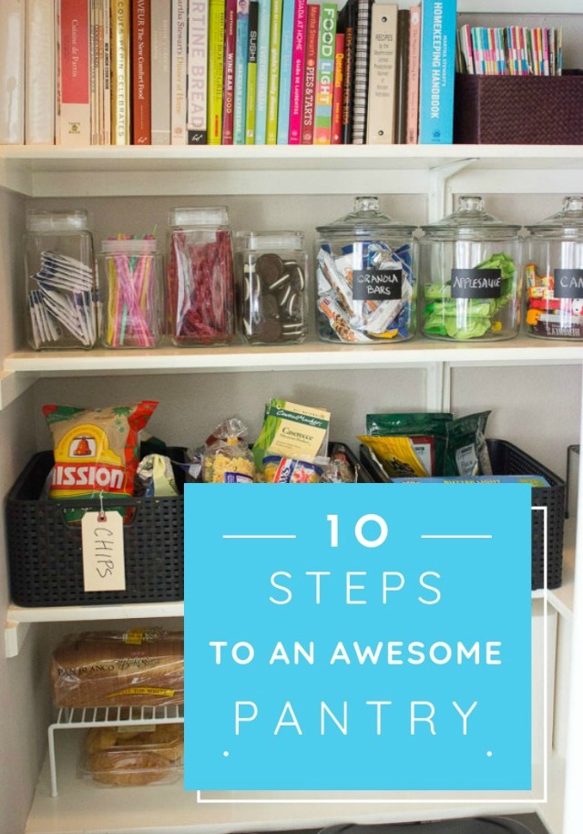 Organized pantry shelves with baskets and clear containers