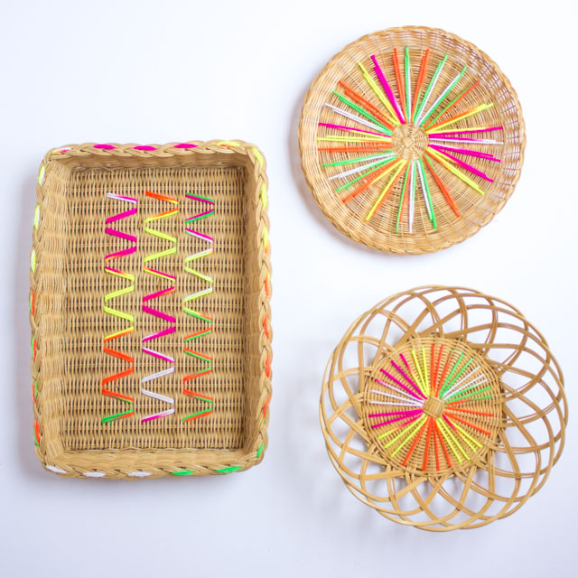 Such a fun DIY embroidery project! Update old baskets with colorful yarn!