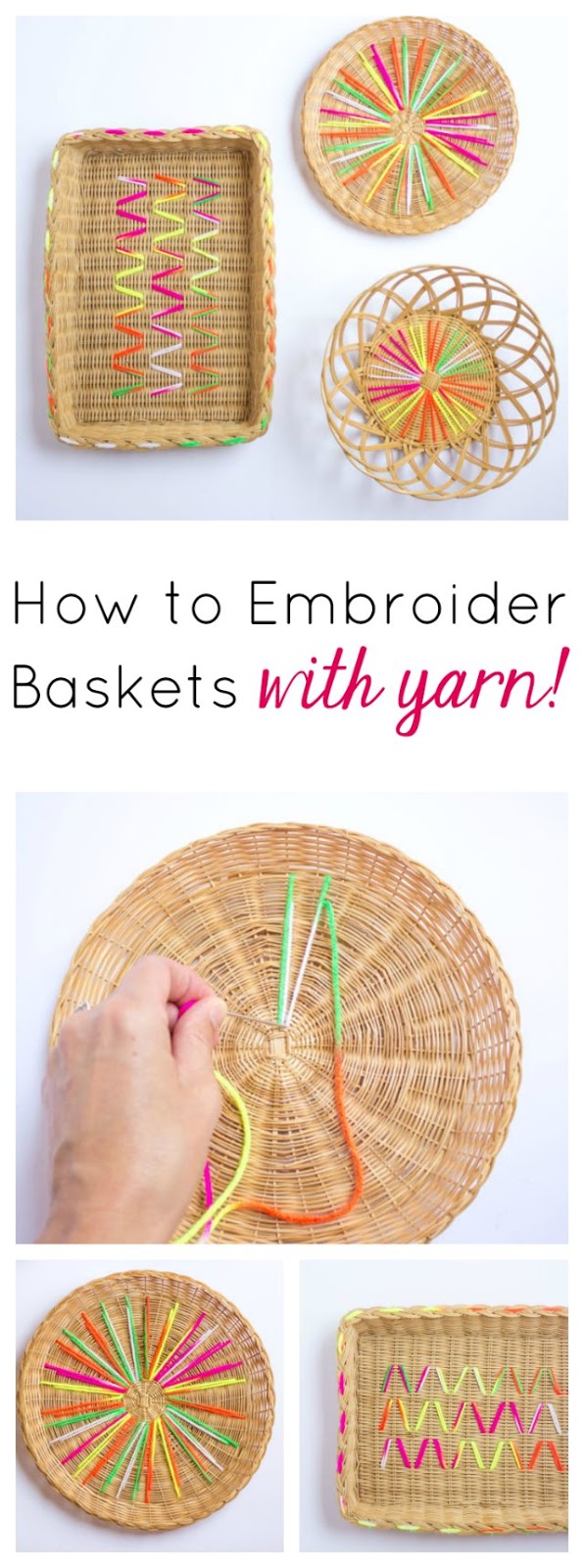Give thrift store baskets a modern makeover by embroidering them with colorful yarn!