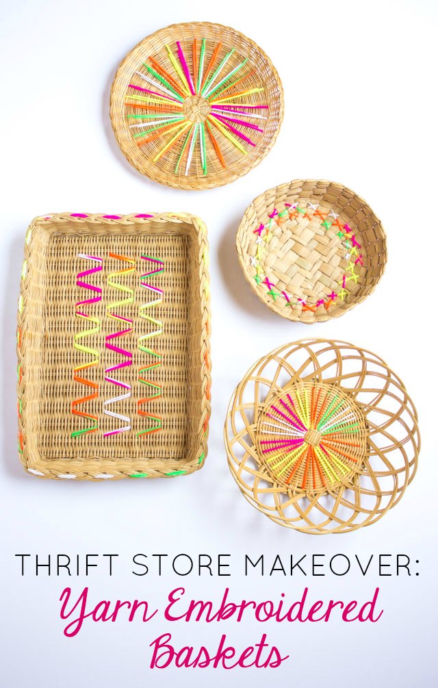 Give thrift store baskets a makeover with colorful yarn! Give thrift store baskets a makeover with colorful yarn!