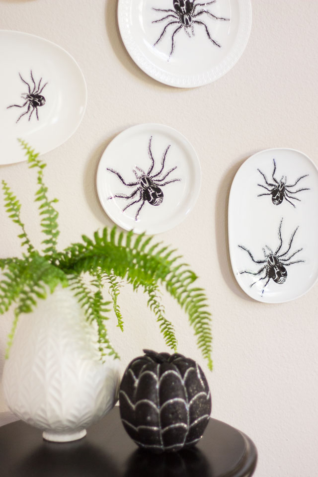 Transform mismatched plates from the thrift store into creepy crawly Halloween wall decor in minutes! http://designimprovised.com