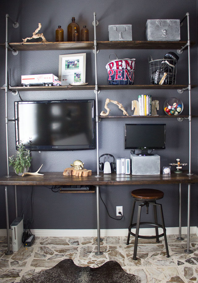 industrial bookshelf and desk