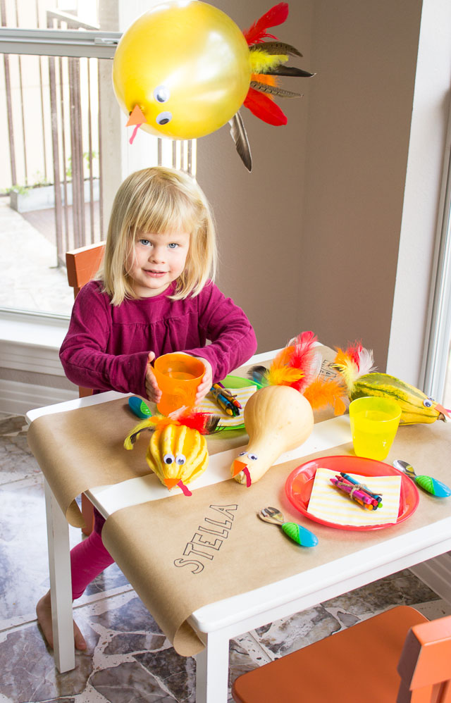 Turkey themed Thanksgiving kids table