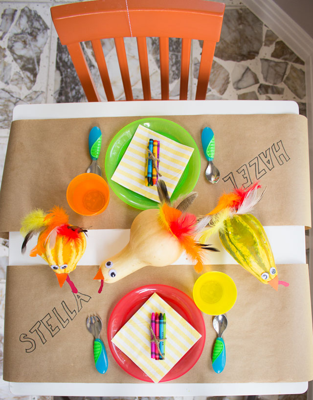 Thanksgiving kids table with gourd turkey centerpiece