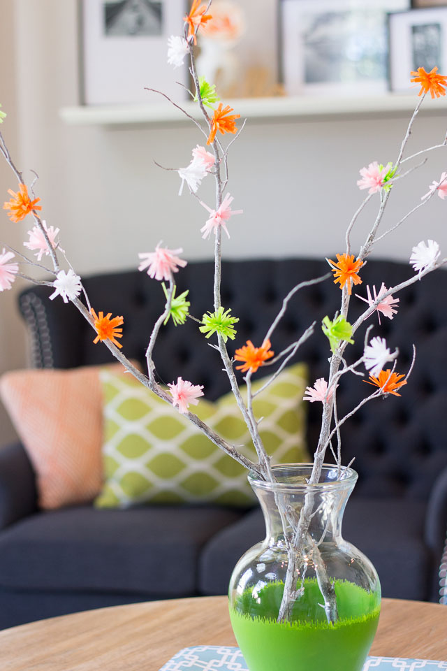 Make these flowering spring branches from party streamers! | http://www.designimprovised.com #12monthsofmartha