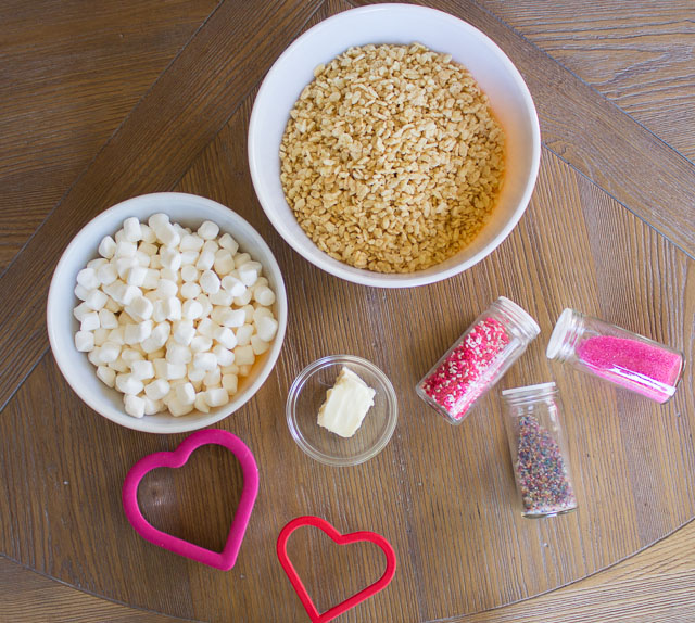 Ingredients for heart-shaped Valentine Rice Krispie treats!