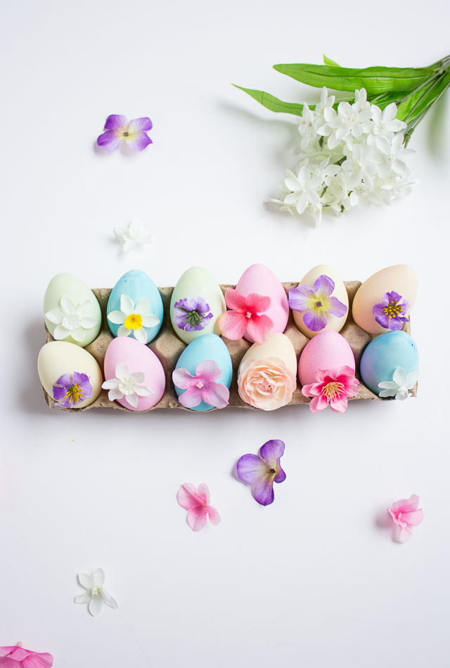 Flower Easter Eggs - decorate dyed eggs with small artificial flowers for gorgeous results! | http://www.designimprovised.com