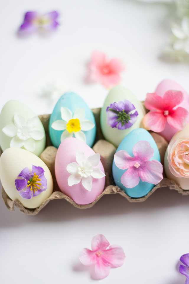 Flower Easter Eggs - decorate dyed eggs with small artificial flowers for gorgeous results! | http://www.designimprovised.com