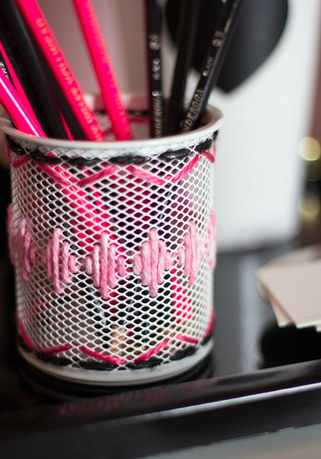 DIY Yarn Embroidered Desk Accessories