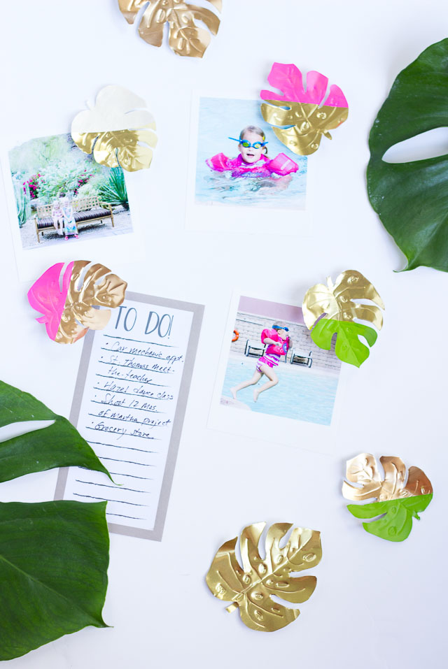 Make these pretty gold tropical leaf magnets for your fridge!