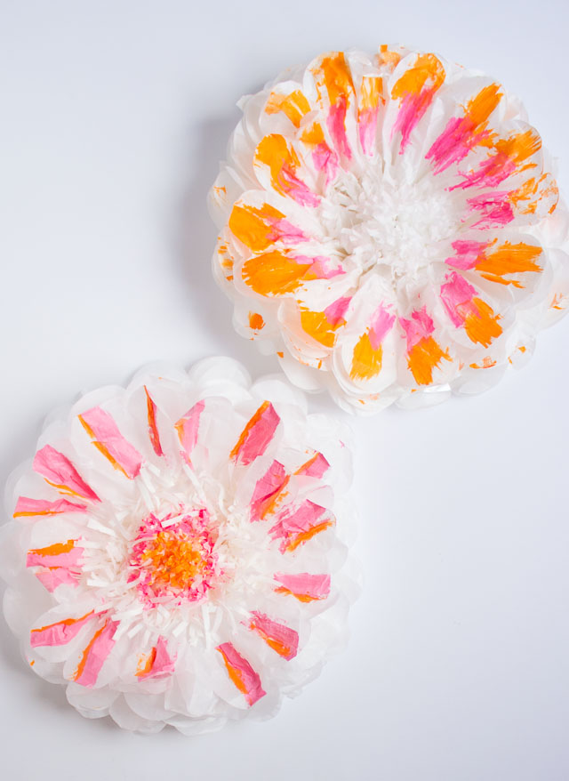 Pink and orange painted tissue paper flowers