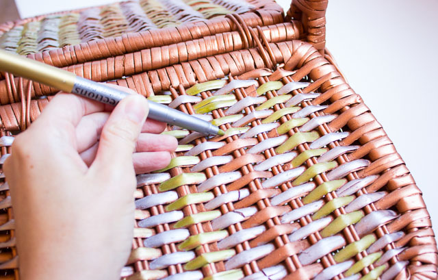 Give a plain wicker picnic basket a mixed metallic makeover!