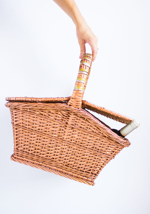 Give a plain wicker picnic basket a mixed metallic makeover!