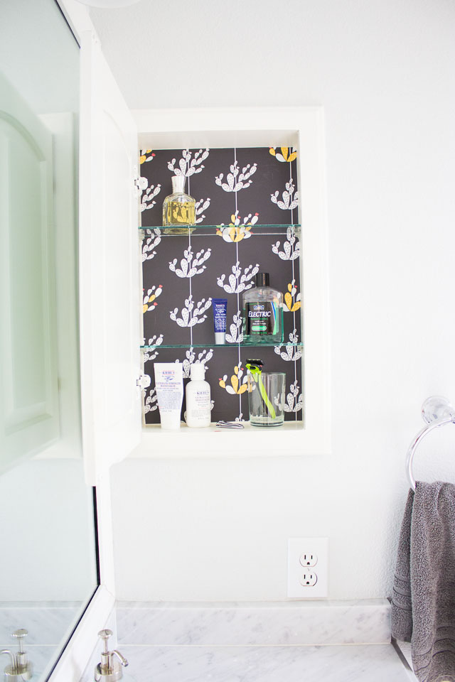 Makeover a medicine cabinet with peel and stick wallpaper! Makeover a medicine cabinet with peel and stick wallpaper!