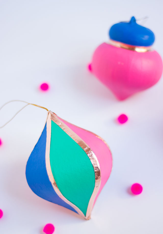 DIY painted paper mache Christmas ornaments with copper trim