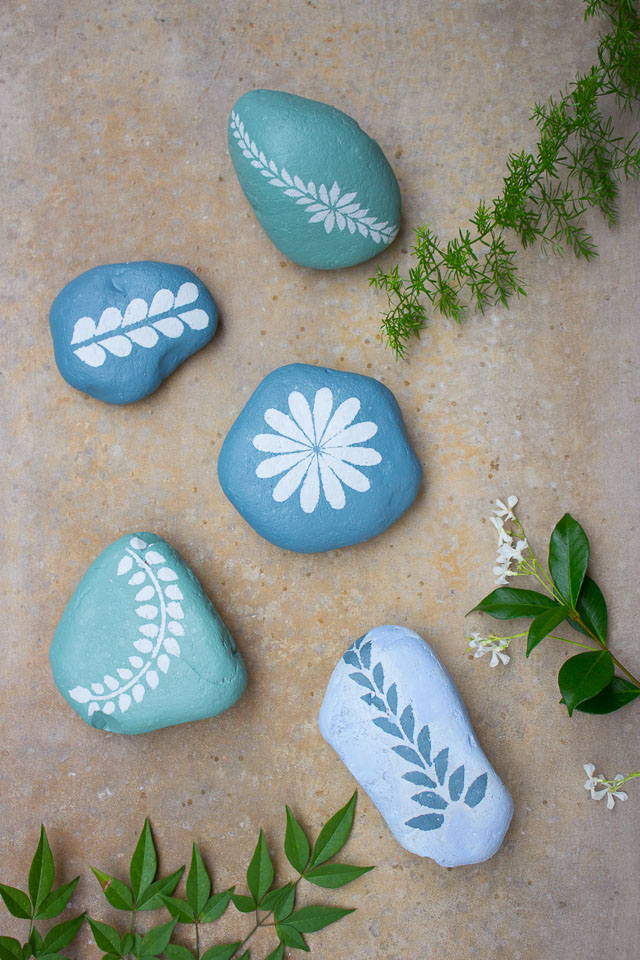 Stenciled rocks with chalk paint