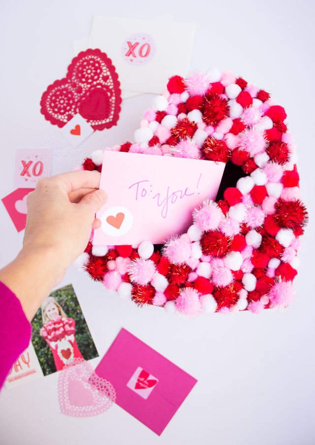 DIY Pom-Pom Heart Valentines Box - Design Improvised
