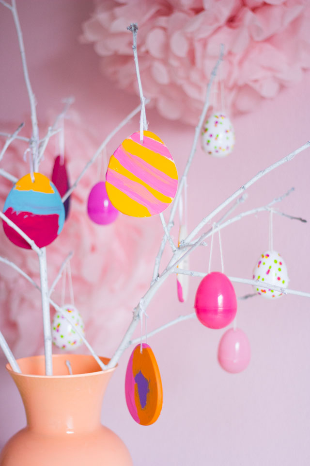 DIY Easter egg tree with colorful painted egg ornaments - such a fun kids' craft!