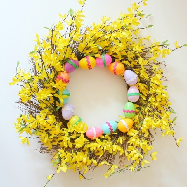 DIY Forsythia Easter wreath - update a store-bought wreath with Easter eggs! 