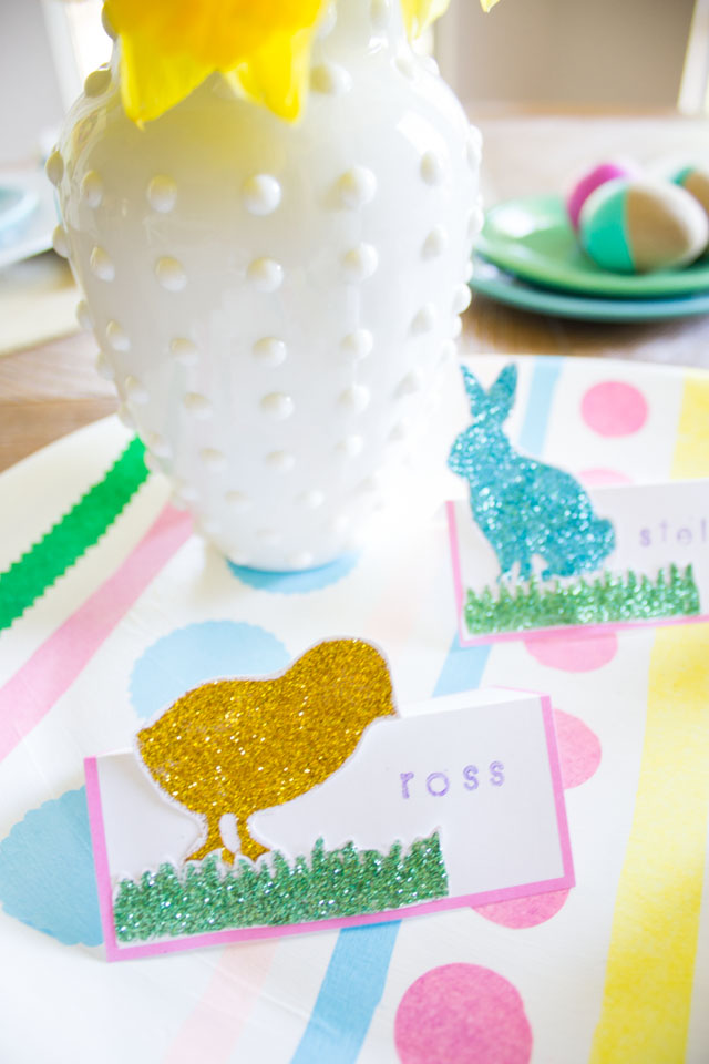 DIY Easter place cards with Martha Stewart glitter and stencils!