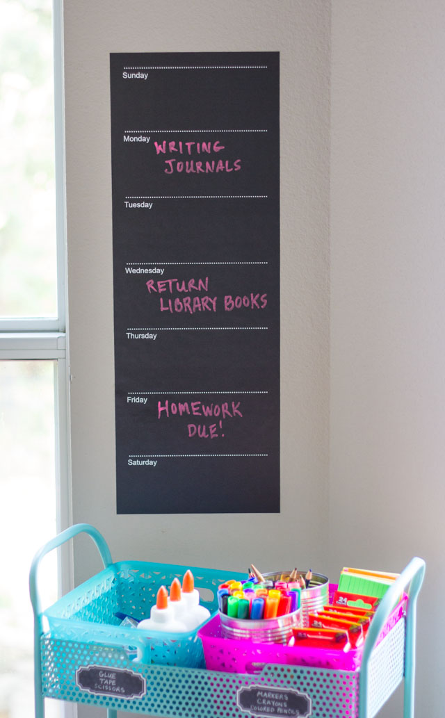 Use a chalkboard calendar and a storage cart to create a simple homework station!