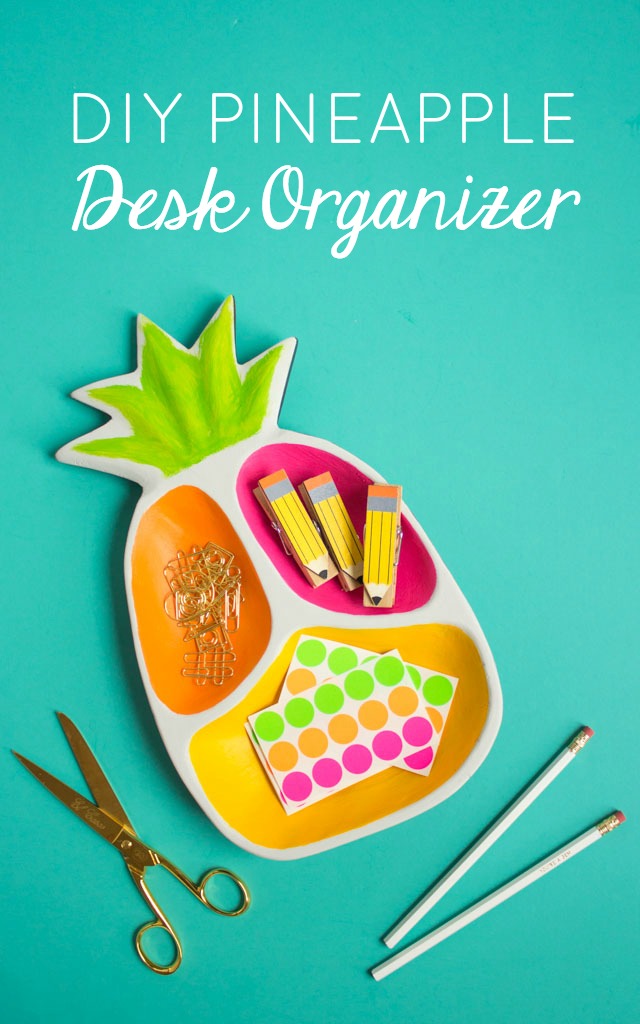 Turn a thrifted wood pineapple tray into a colorful desk organizer!