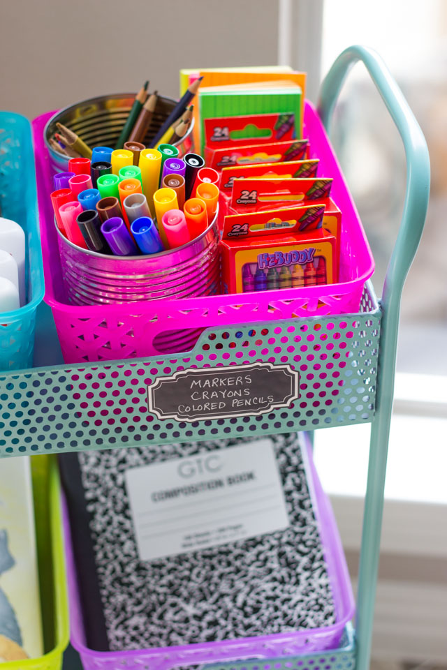 Keep your school supplies organized with a fun cart and colorful baskets!