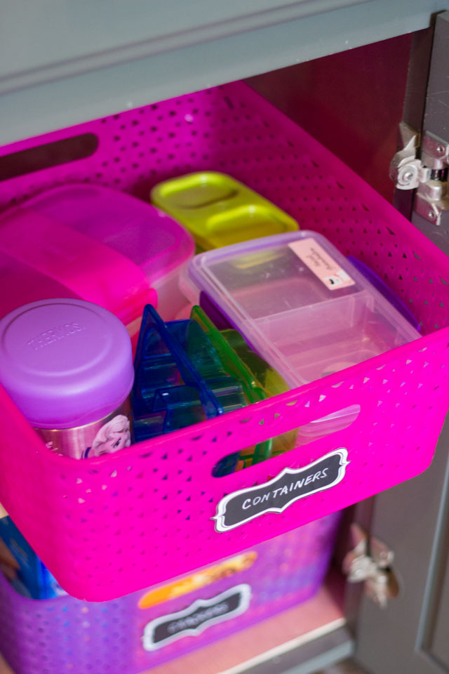 DIY school lunch station - corral everything in labeled bins!