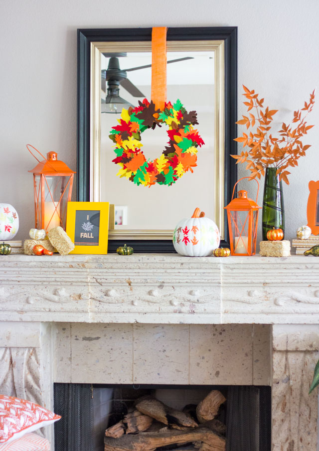 A cozy fall mantel decorating idea with a DIY felt leaf wreath!