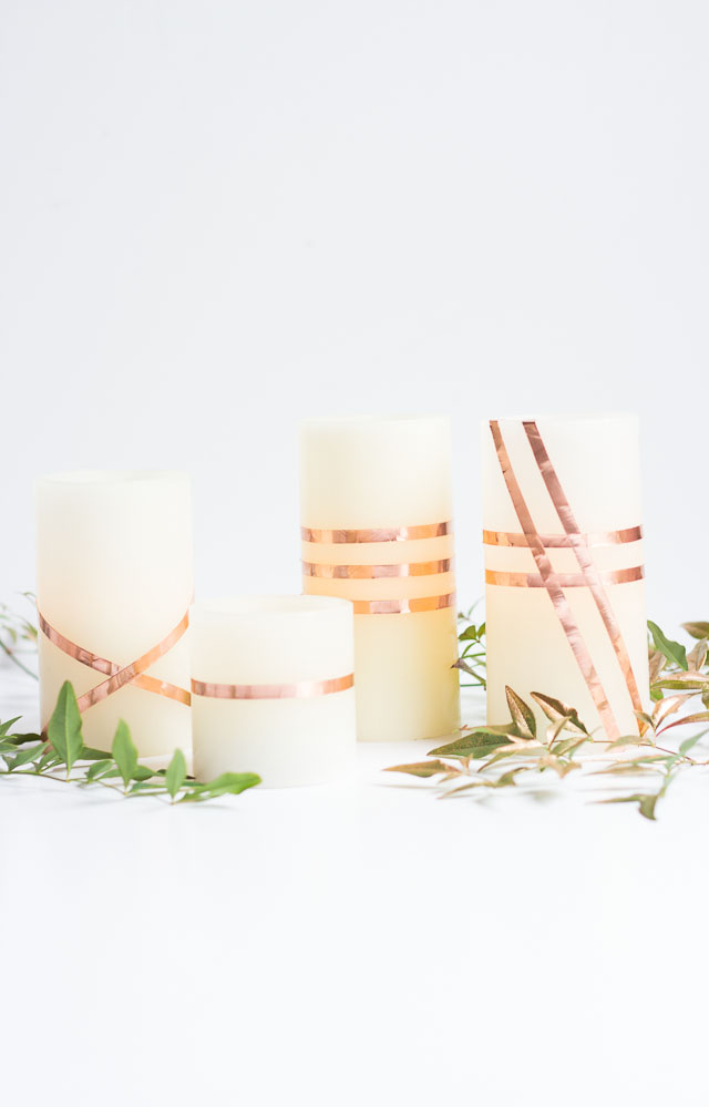 Wrap flameless LED candles with copper foil tape for a gorgeous look - perfect for fall or your Thanksgiving table! Wrap flameless LED candles with copper foil tape for a gorgeous look - perfect for fall or your Thanksgiving table!