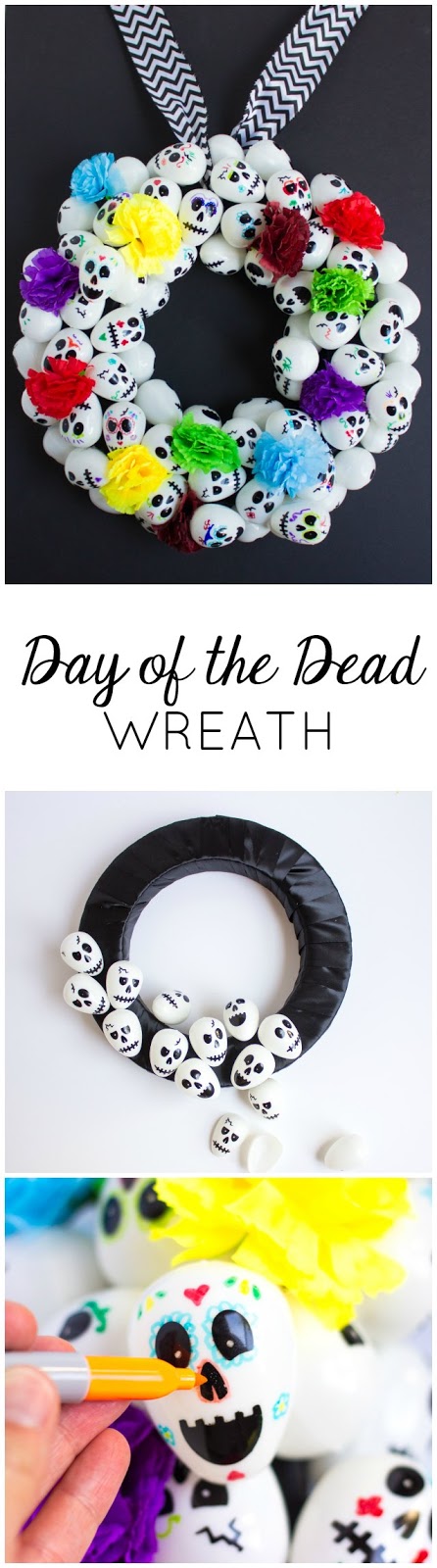 Make a Day of the Dead (Dia de los Muertos) wreath with plastic skull eggs!