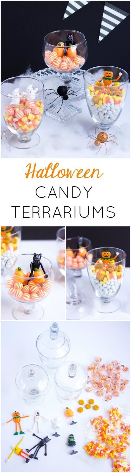 Fill glass jars with candy and figurines to make these cute DIY Halloween Terrariums!