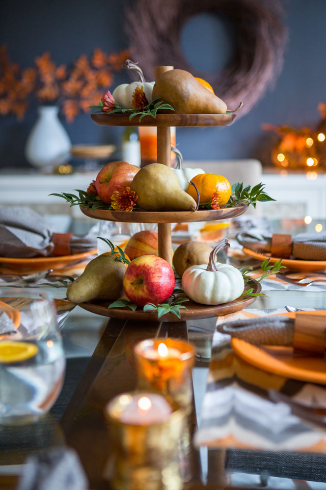 Love this simple fall centerpiece using a three tiered platter!