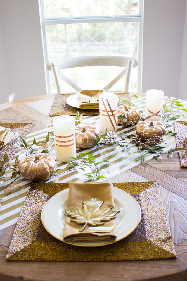 Thanksgiving table idea with copper foil wrapped candles!