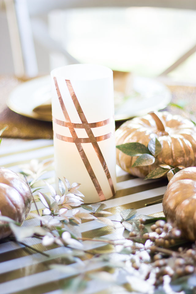 Wrap battery operated candles with copper foil tape for pretty fall decor!