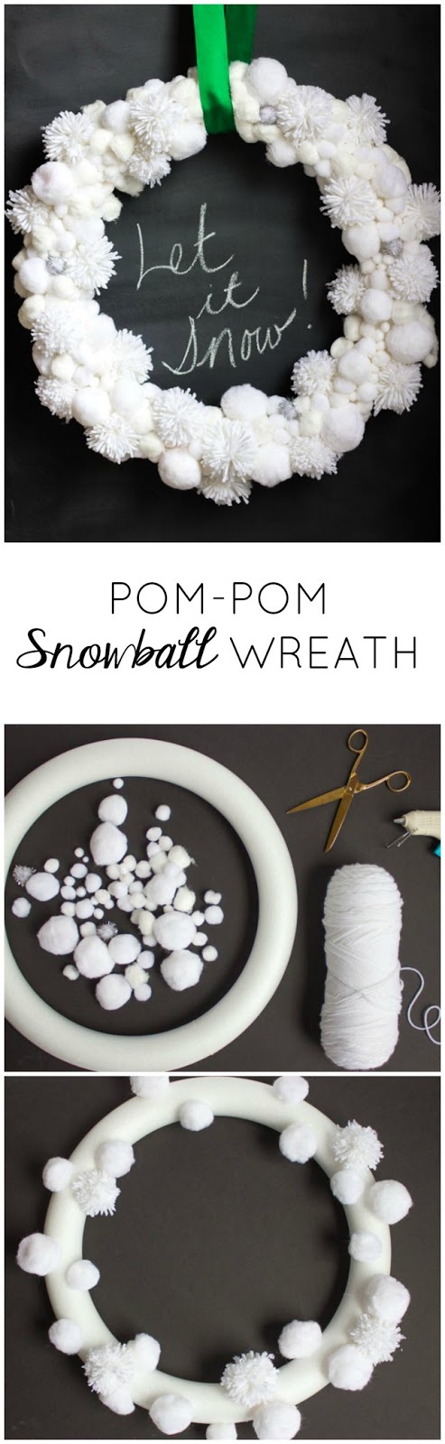 Make this pretty Christmas snowball wreath from white pom-poms!
