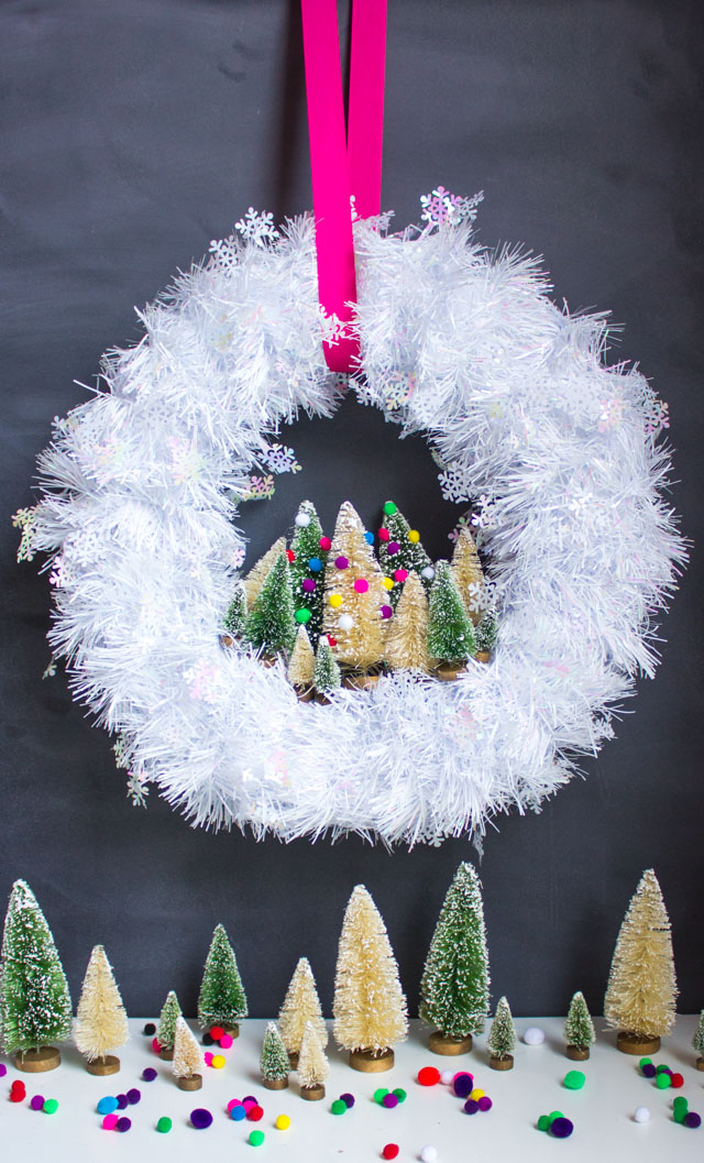 Make this gorgeous Christmas wreath in under 30 minutes with mini bottle brush trees!