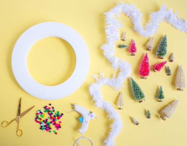 Supplies for DIY mini Christmas tree wreath