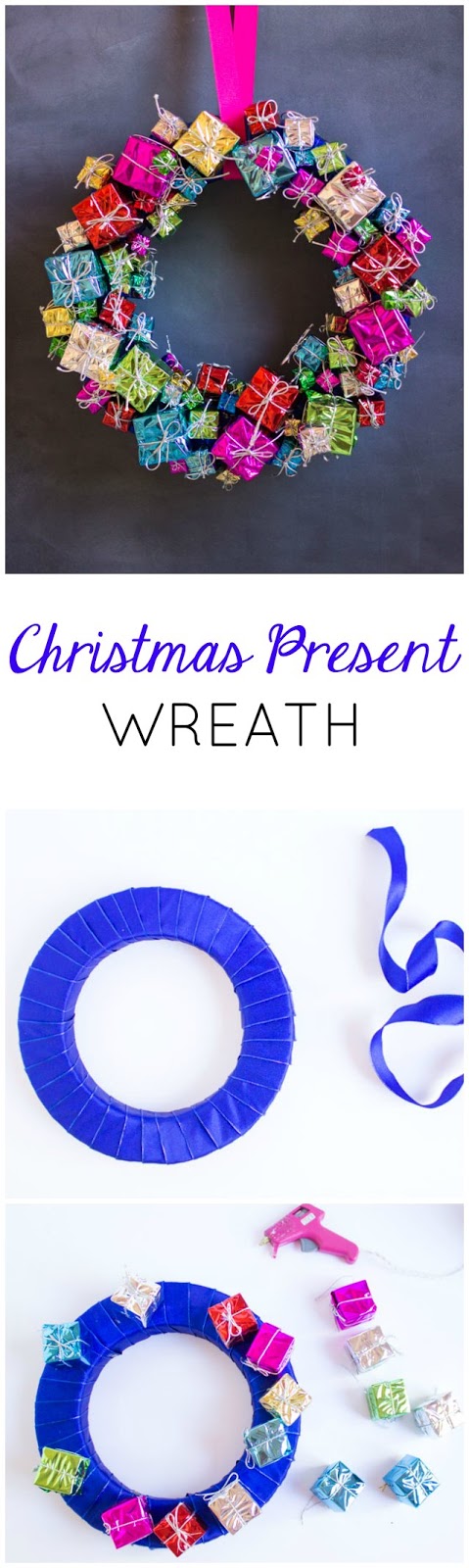Create this gorgeous Christmas wreath with inexpensive present ornaments from the craft store! Create this gorgeous Christmas wreath with inexpensive present ornaments from the craft store!