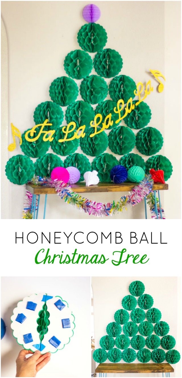 Make a Christmas tree out of tissue paper honeycomb balls! Perfect Christmas wall or holiday party decoration!