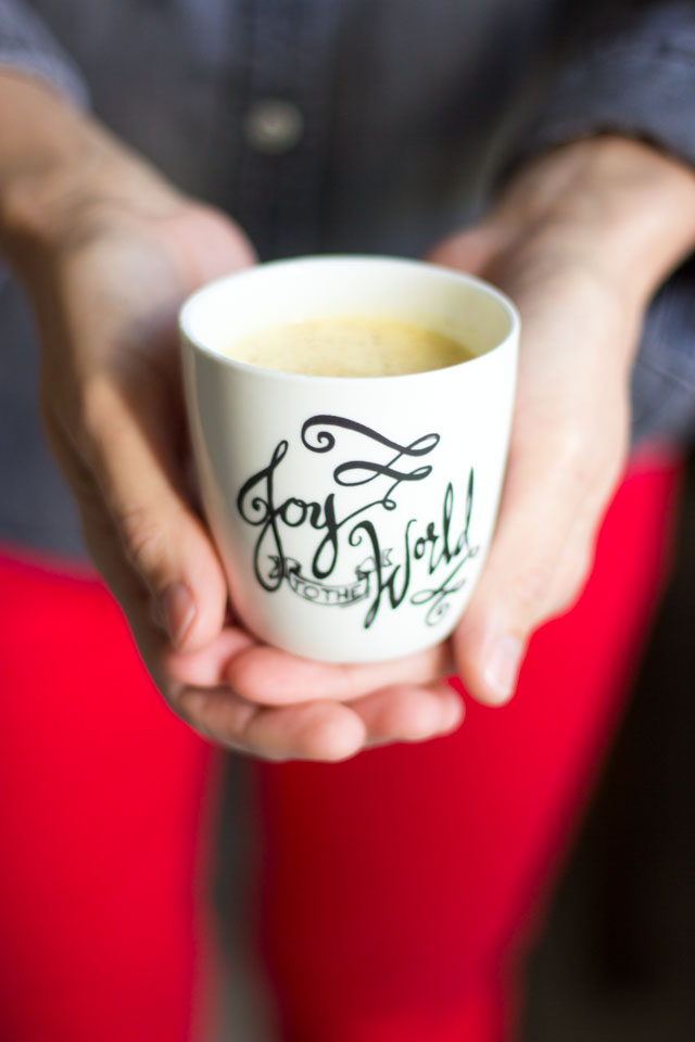 The prettiest porcelain egg nog cups with Christmas sayings!