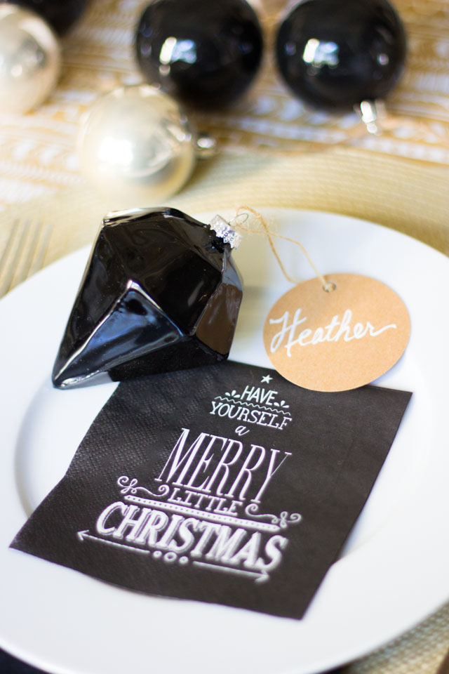 Pretty ornaments double as place cards (and a gift for guests to take home!)