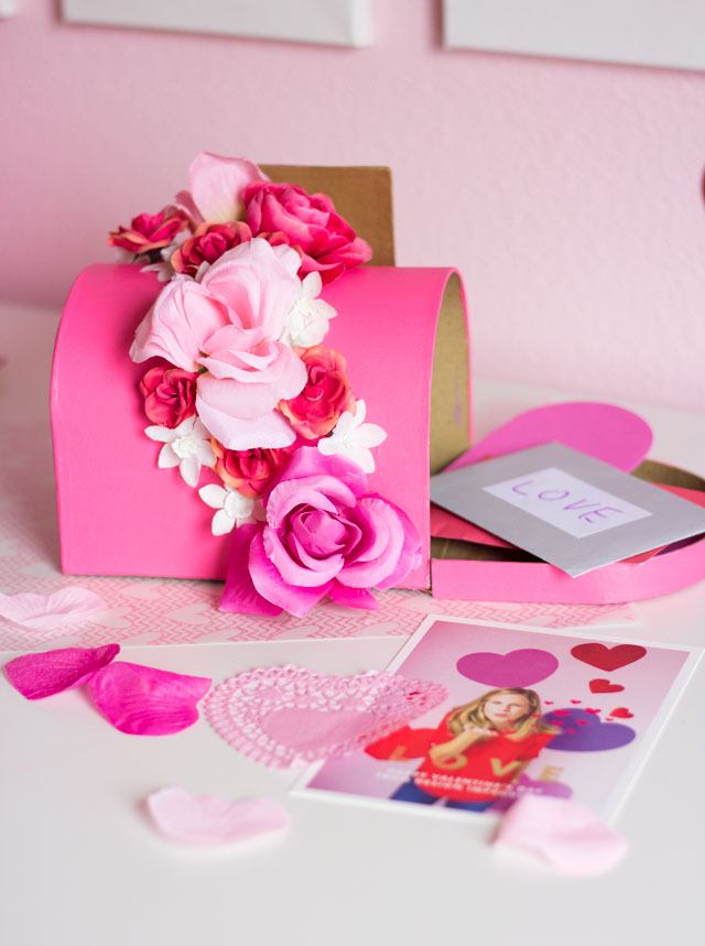 DIY Valentine's Day Mailbox - decorate a paper mache mailbox with flowers. Perfect for a girl Valentine box idea!