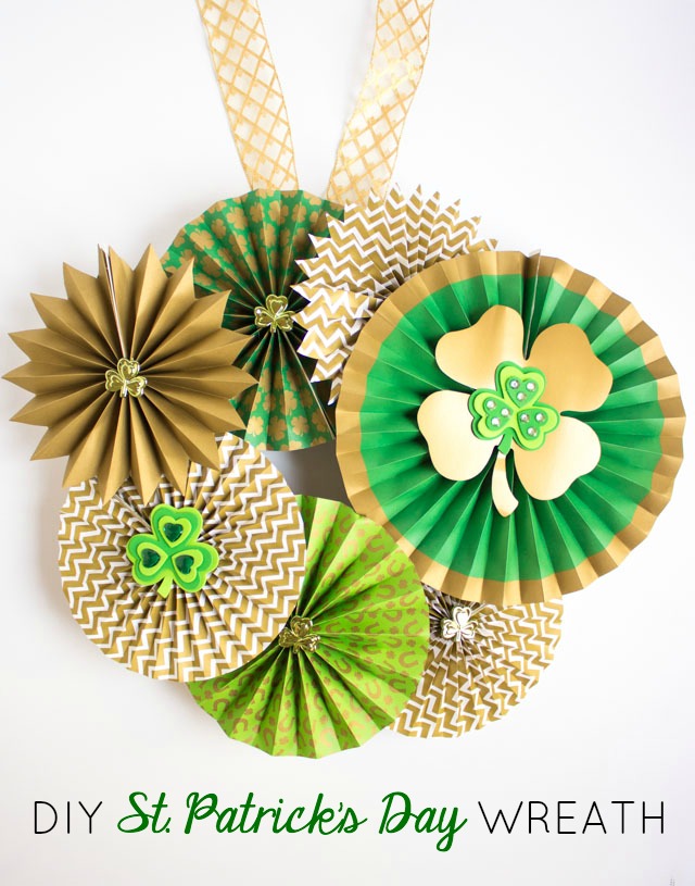 St. Patrick's Day paper pinwheel wreath with shamrocks