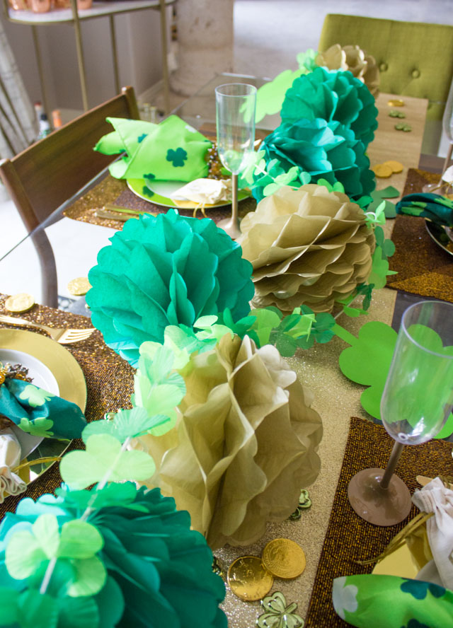 Honeycomb ball and shamrock table runner for St. Patrick's Day dinner party