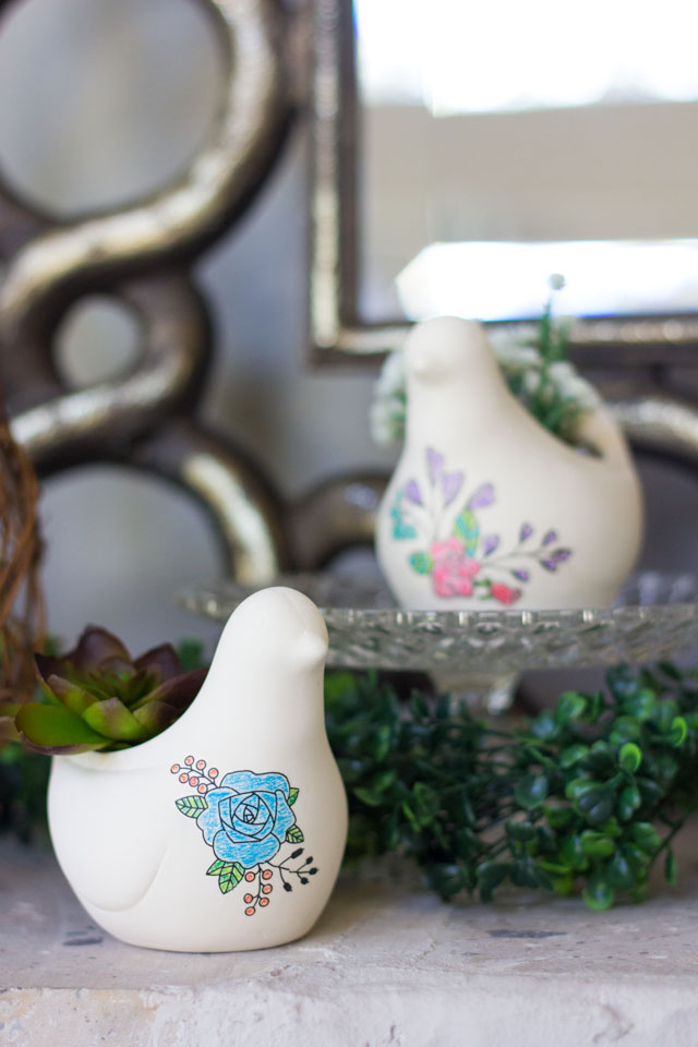 Ceramic bird planters - decorated with floral rub-ons. So pretty and easy!
