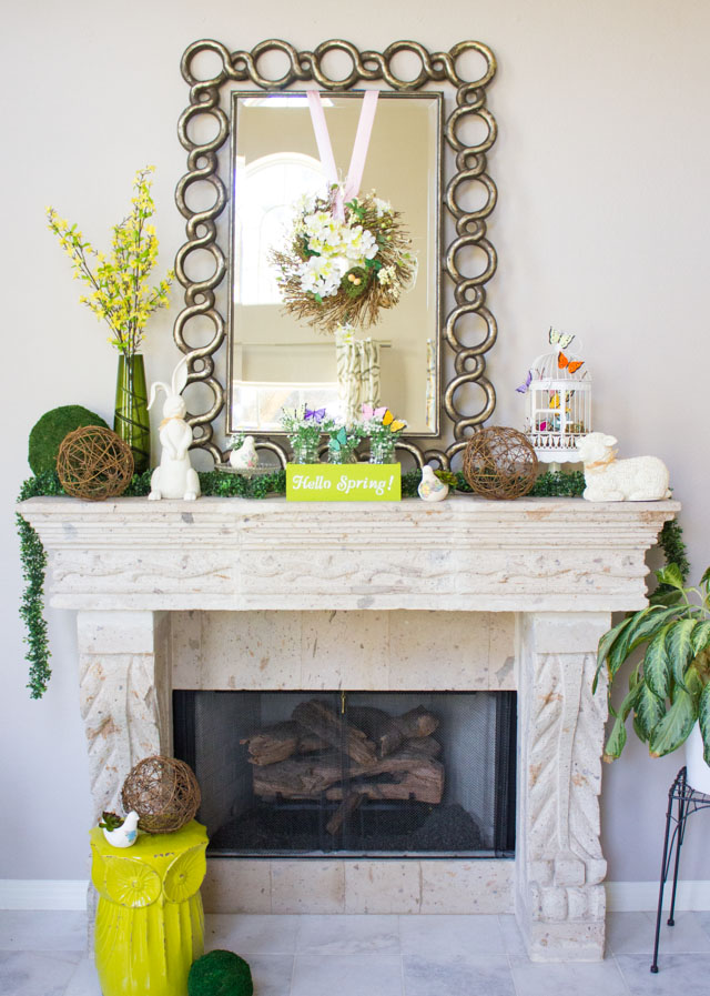Bring spring indoors with this pretty spring mantel filled with simple craft ideas!