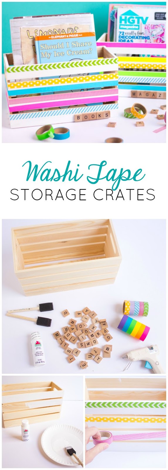 Such a fun washi tape craft idea - DIY wood storage crates perfect for books, craft supplies, and toys!