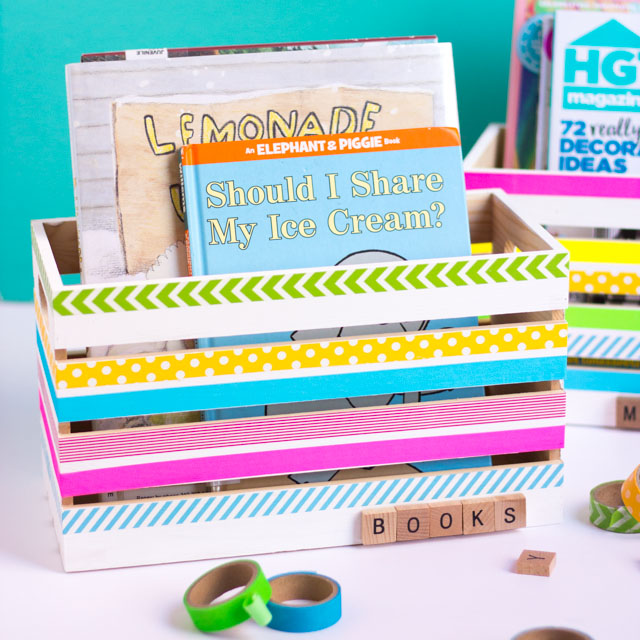 Decorate wood crates with washi tape for the prettiest DIY storage idea!
